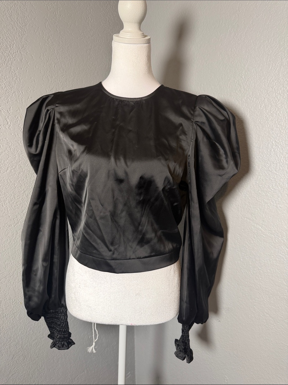 NWOT glam Black Satin Puff Sleeve Blouse